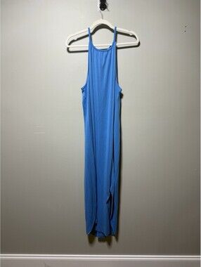 Double Zero Oceana Drift Halter Midi Dress Blue High Slit Scooped Hem L NWT